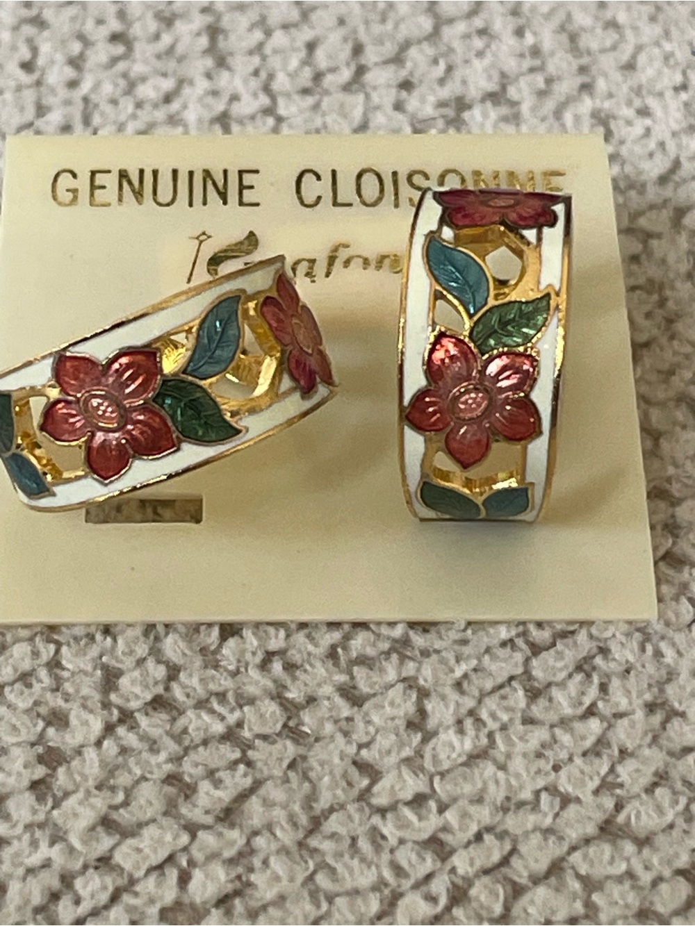 New  Cloisonné Floral Hoop Earrings - White, Red & Green